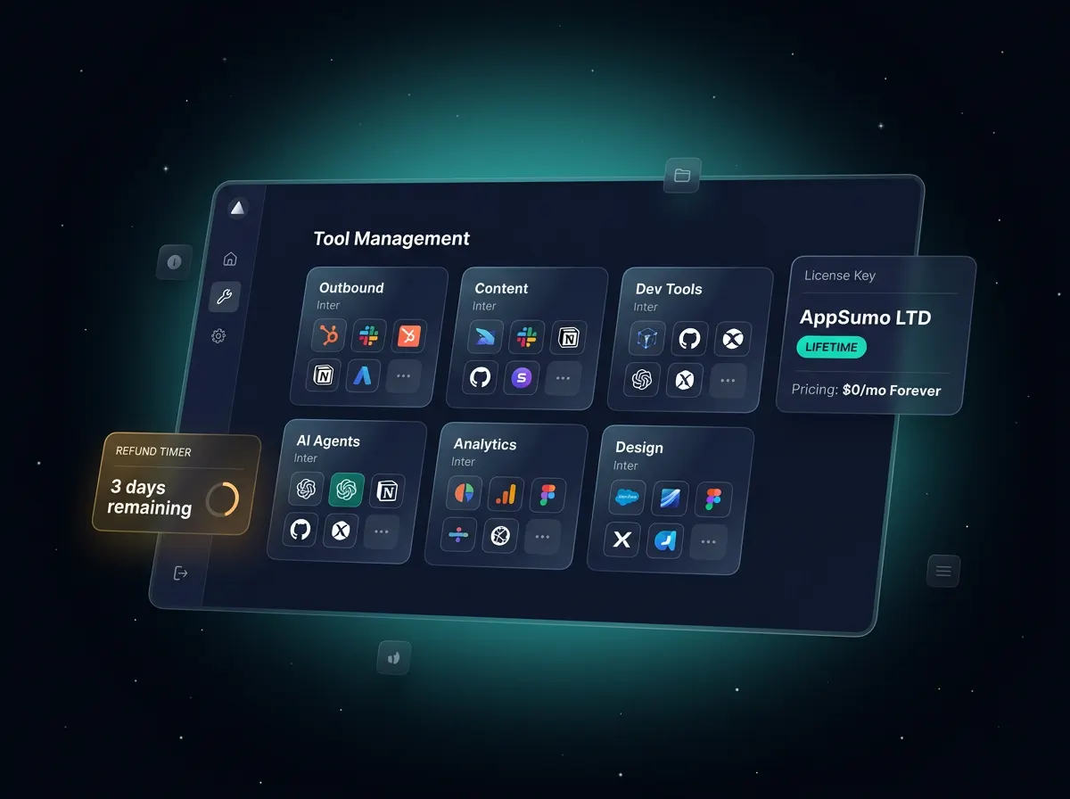 DealKeep dashboard preview showing AppSumo, StackSocial, and Dealify lifetime deal tools organized by category, with refund deadlines and ROI insights.
